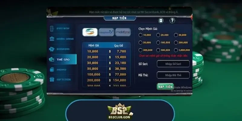 Các phương thức nạp tiền (Ngân hàng, Ví điện tử, Thẻ cào)